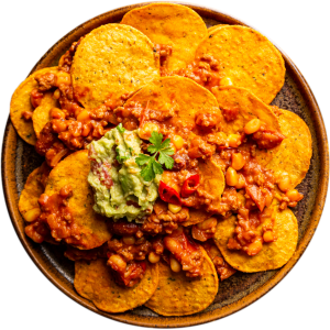 Baked Nachos with Ground Alberta Beef and Avocado.