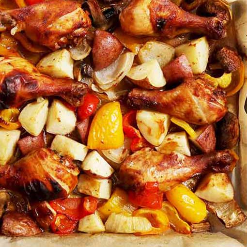 A baking pan full Alberta Chicken Drumsticks and delicious vegetables is a pleaser. The one pan to cleanup is great as well.