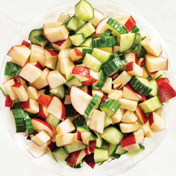 The crispness of the cucumbers, the sweetness of the apples, and the tanginess of the dressing combine to create a refreshing and light salad.